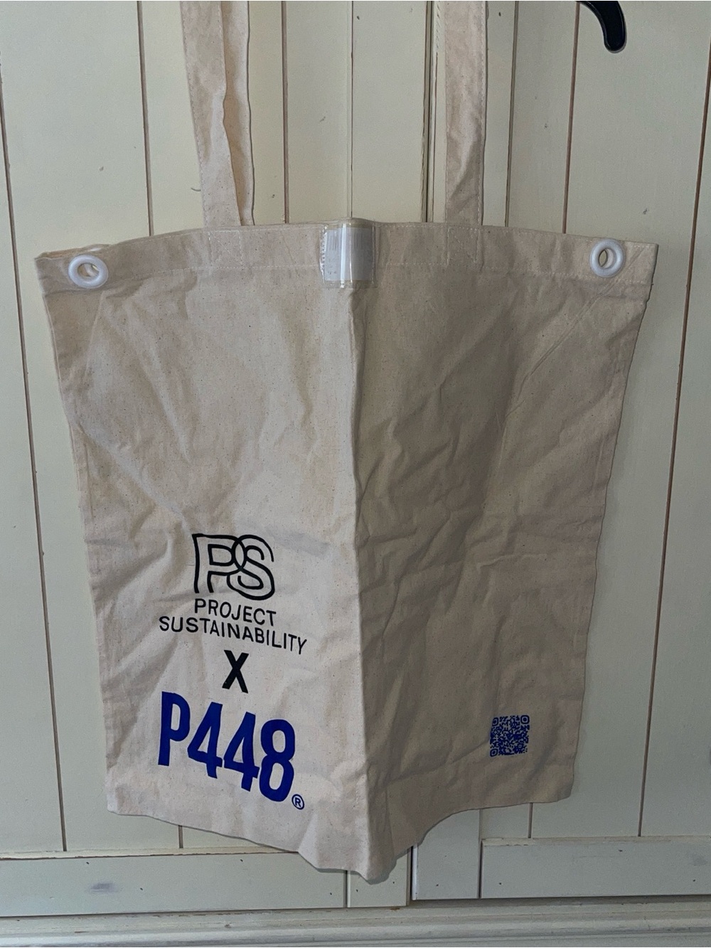 P448 Natural Canvas Tote with Blue Logo and Black Text